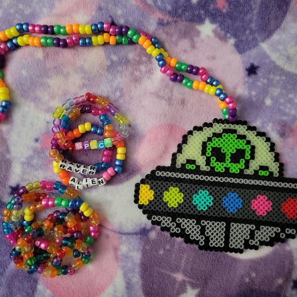 Kandi Necklace and Bracelet Bundle ~ Raver Space Alien in UFO Necklace ~ Rave Jewelry