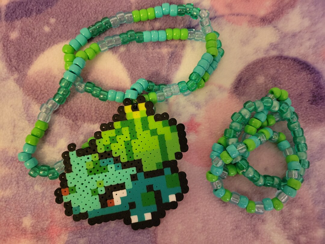 Kandi Necklace and Bracelet Bundle 8 Bit Retro Bulbasaur Kandi Necklace