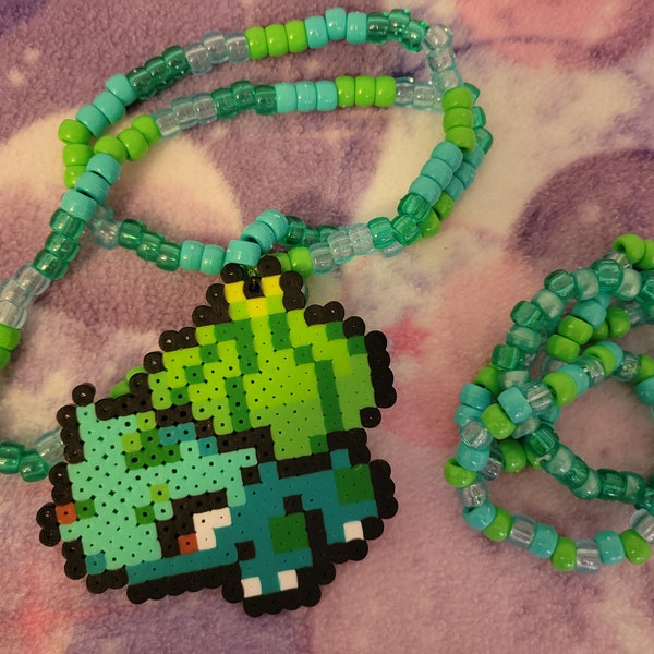 Kandi Necklace and Bracelet Bundle ~ 8 Bit Retro Bulbasaur Kandi Necklace ~ Rave Jewelry