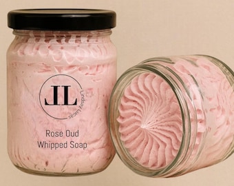 Jabón batido con aroma a oud y rosa - 200 g. Manteca de baño en mousse. Botella de vidrio reutilizable.