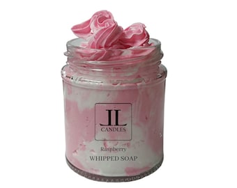 Jabón batido con aroma a frambuesa - 200 g. Manteca de baño en mousse. Botella de vidrio reutilizable.