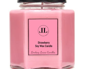 Strawberry Scented Soy Candle, Fruity Scent, Pink Candles Strong Smelling