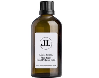 Basil, Lime & Mandarin (Luxury ) Reed diffuser Refill Oil Strong Scented Long Lasting 100ml Glass Bottle Vegan and Cruelty Free