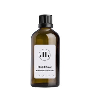 May include: A brown glass bottle with a black cap and a white label. The label has a black circle with the letters "JL" inside. The text on the label reads "Black Intense Reed Diffuser Refill" and "www.lindsayluca.co.uk".