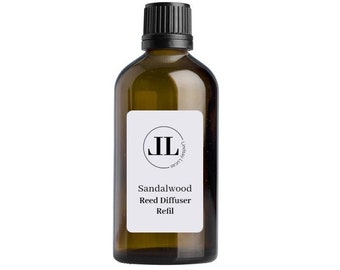 Reed Diffuser Refill Oil In Sandalwood Scent - Fresh Woody Scent - 100ml Glass Bottle Strong Scented Long Lasting Vegan & Cruelty Free