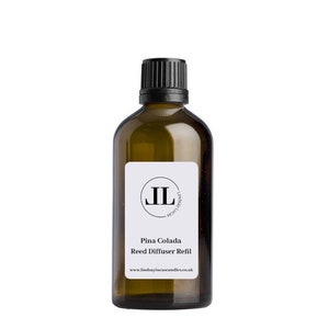 Könnte beinhalten: Eine braune Glasflasche mit schwarzem Deckel, die eine Nachfüllpackung für einen Reed-Diffusor enthält. Das weiße Etikett trägt die Aufschrift "Pina Colada Reed Diffuser Refill" mit dem Markenlogo und der Website-Adresse. Die Flasche ist mit einer klaren Flüssigkeit gefüllt.