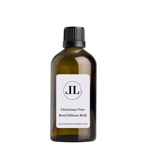 May include: A brown glass bottle with a black lid and a white label. The label has a black circle with the letters "JL" inside. The text on the label reads "Christmas Tree Reed Diffuser Refill" and "www.lindsaylucascandles.co.uk".