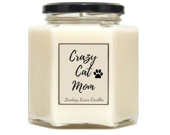 Custom Crazy Cat Mom Scented Candle, Personalised Vegan Soy Candles