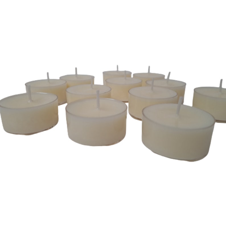 box of 12 round white scented tea light candles made with soy wax