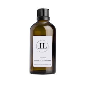 May include: A brown glass bottle with a black lid and a white label. The label has a black circle with the letters "JL" inside. The text on the label reads "Coconut Electric Diffuser Oil" and "www.lindsaylucascandles.co.uk".