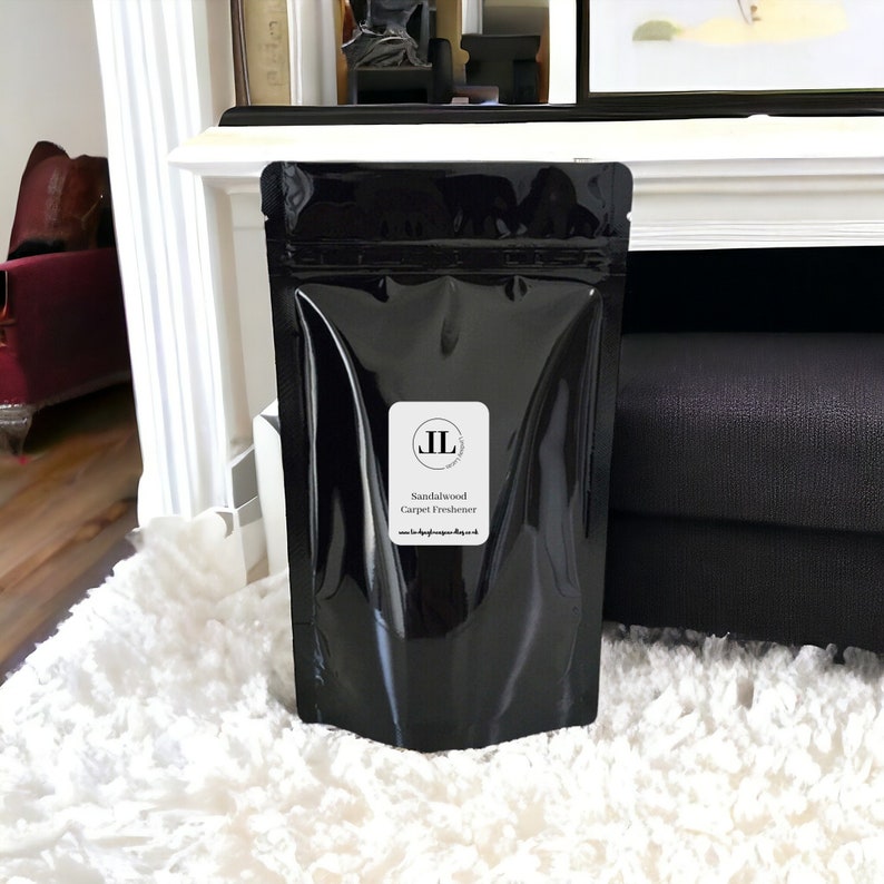 sandalwood strong scented carpet freshener powder eco friendly cleaning Long Lasting Vegan and cruelty free Natural 500g black foil zip lock bag stay Sustainable natural cleaning