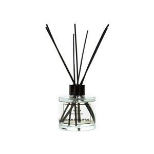 May include: A clear glass diffuser bottle with black reeds and a black cap. The bottle has a label that reads "Lemon Eucalyptus".