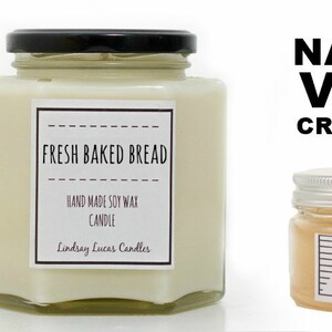 May include: Three glass jars with labels. The first jar is a white room spray with a black label that says "Neroli Room Spray". The second jar is a white candle with a black label that says "Fresh Baked Bread Hand Made Soy Wax Candle Lindsay Lucas Candles". The third jar is a clear amber car freshener with a silver lid and a black label that says "Tequila Car Freshener Lindsay Lucas Candles". The text "Natural Vegan Cruelty Free" is written in black letters on a white background.