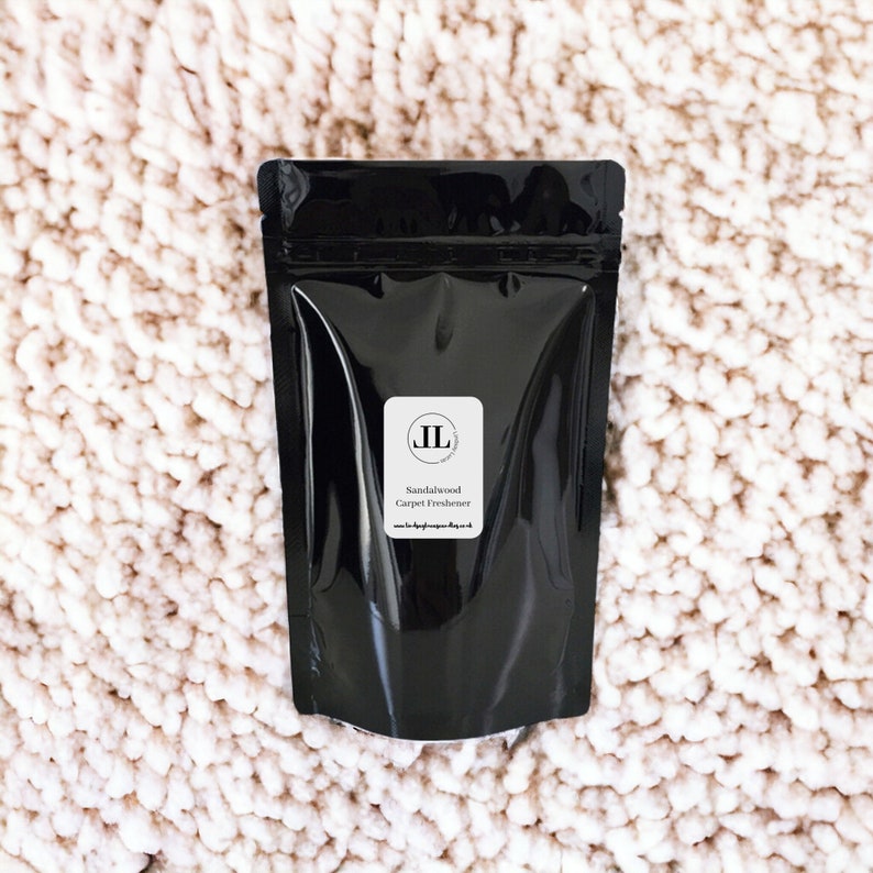 sandalwood strong scented carpet freshener powder eco friendly cleaning Long Lasting Vegan and cruelty free Natural 500g black foil zip lock bag stay Sustainable natural cleaning