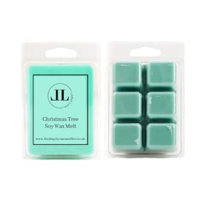 Könnte beinhalten: Eine Packung mit sechs tealfarbenen Sojawachs-Duftwachs-Stücken in einer durchsichtigen Plastikverpackung. Das Etikett lautet "Christmas Tree Soy Wax Melt" und "www.lindsaylucascandles.co.uk".