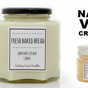 May include: Three glass jars with labels. The first jar is a white room spray with a black label that says "Neroli Room Spray". The second jar is a white candle with a black label that says "Fresh Baked Bread Hand Made Soy Wax Candle Lindsay Lucas Candles". The third jar is a clear amber car freshener with a silver lid and a black label that says "Tequila Car Freshener Lindsay Lucas Candles". The text "Natural Vegan Cruelty Free" is written in black letters on a white background.