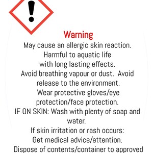 May include: White label with black text, including "Lemon Eucalyptus" and a warning symbol. The label details potential allergic reactions and safety precautions, such as avoiding skin contact and seeking medical advice.