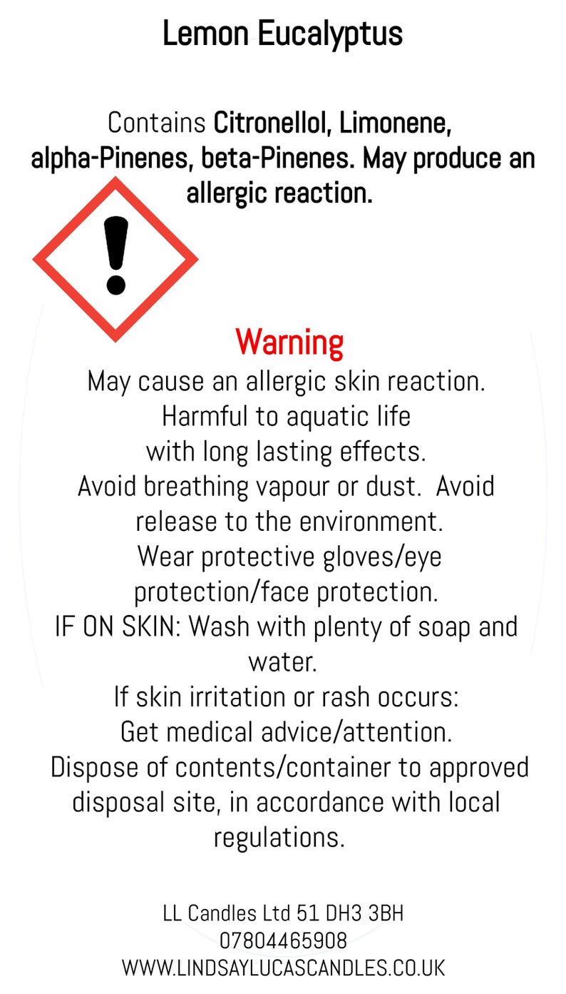 May include: White label with black text, including "Lemon Eucalyptus" and a warning symbol. The label details potential allergic reactions and safety precautions, such as avoiding skin contact and seeking medical advice.