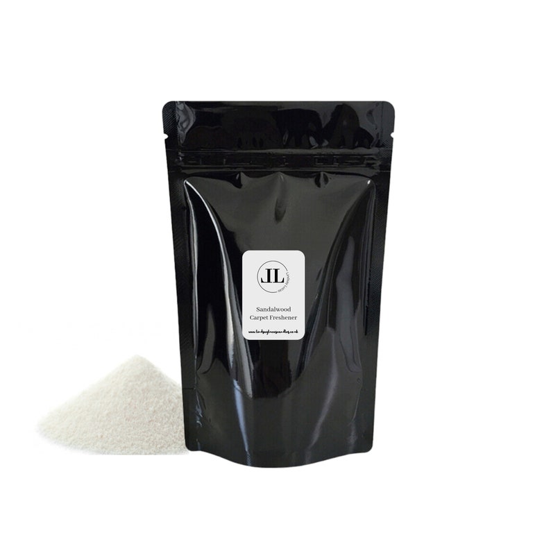 Sandalwood strong scented carpet freshener powder eco friendly cleaning Long Lasting Vegan and cruelty free Natural 500g black foil zip lock bag stay Sustainable natural cleaning