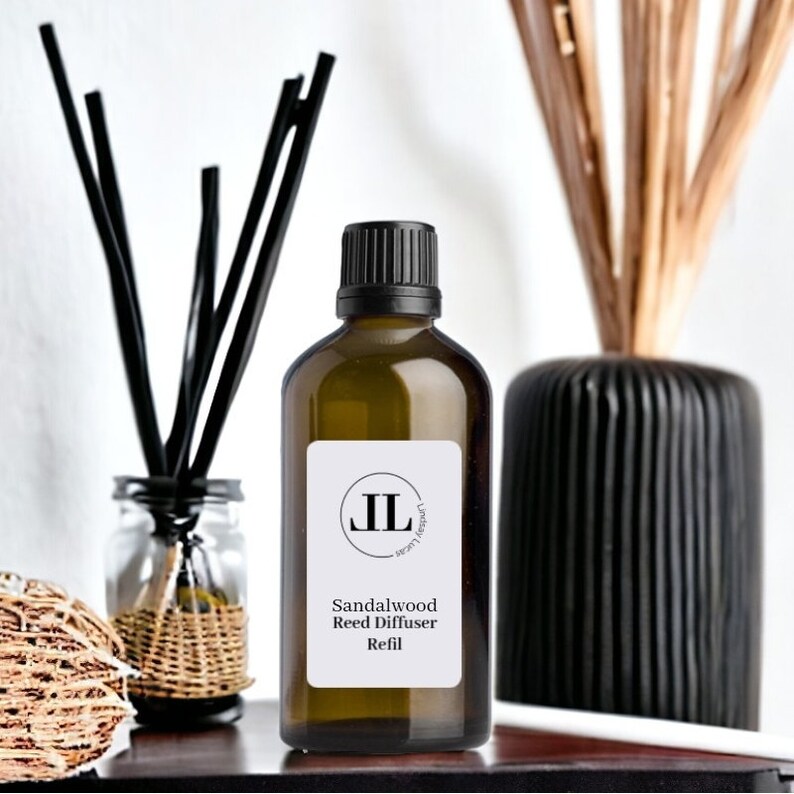 Reed Diffuser Refill Oil In Sandalwood Scent - Fresh Woody Scent - 100ml Glass Bottle Strong Scented Long Lasting Vegan & Cruelty Free. Rustic calming natural scents