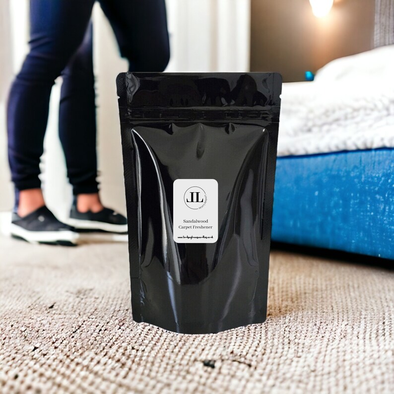 sandalwood strong scented carpet freshener powder eco friendly cleaning Long Lasting Vegan and cruelty free Natural 500g black foil zip lock bag stay Sustainable natural cleaning