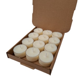 box of 12 round white scented tea light candles made with soy wax