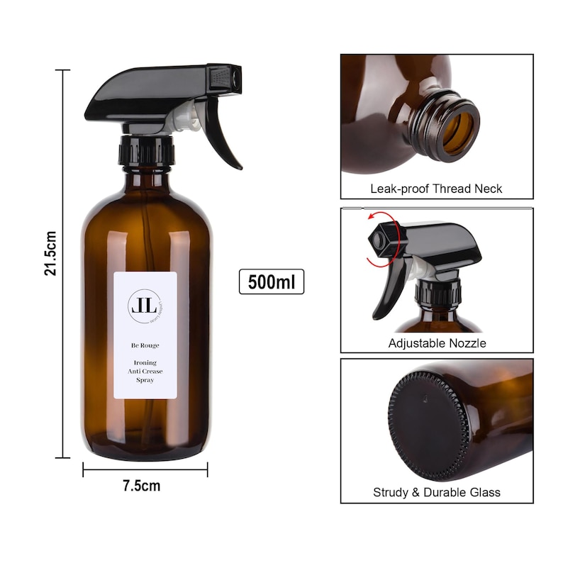 May include: Amber glass spray bottle with a black trigger and label. The bottle is 21.5cm tall and 7.5cm wide, with a 500ml capacity. Features include an adjustable nozzle, leak-proof thread neck, and sturdy glass. The label reads "Be Rouge Ironing Anti Crease Spray".
