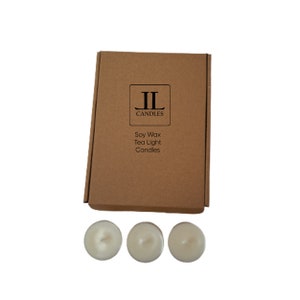 box of 12 round white scented tea light candles made with soy wax