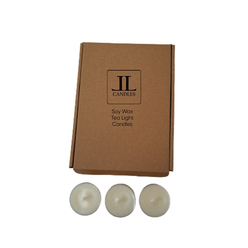 box of 12 round white scented tea light candles made with soy wax