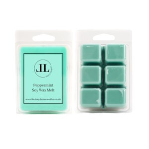May include: A pack of six peppermint soy wax melts in a clear plastic clamshell container. The wax melts are a light green colour and have a label that says "Peppermint Soy Wax Melt" and "www.lindsaylucascandles.co.uk".