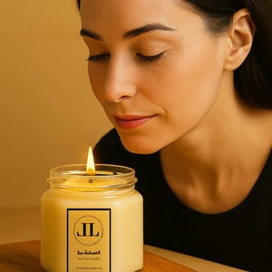 May include: A lit soy wax candle in a clear glass jar with a black and white label that reads "Sandalwood". The candle sits on a wooden surface. The flame is bright and the candle is yellow.