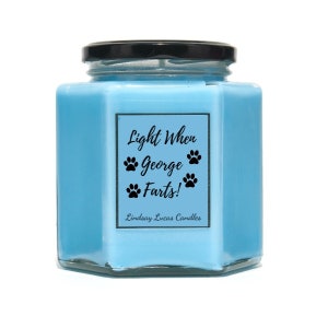 May include: A light blue glass candle jar with a white label that reads "Light When George Farts!" and "Lindsay Lucas Candles".