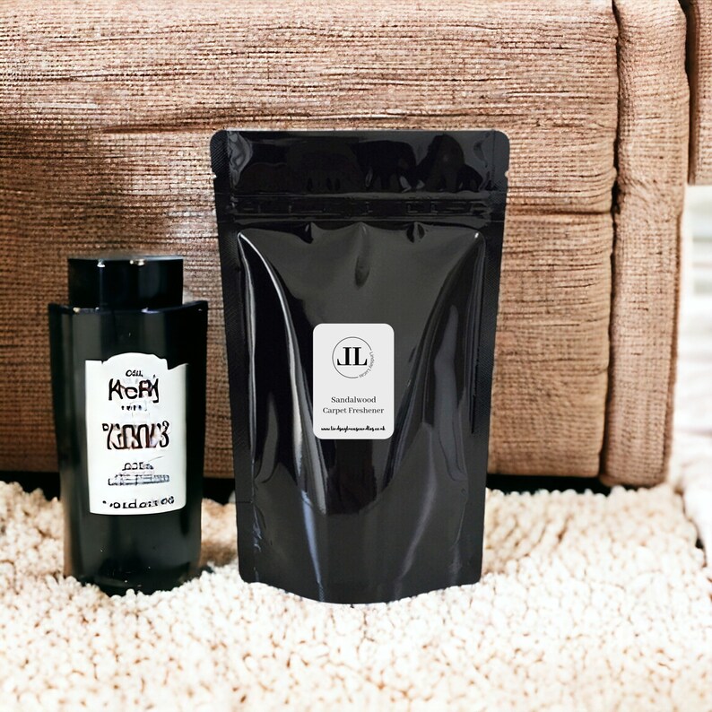 sandalwood strong scented carpet freshener powder eco friendly cleaning Long Lasting Vegan and cruelty free Natural 500g black foil zip lock bag stay Sustainable natural cleaning