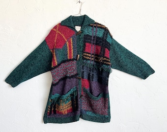 Vintage 90s Susan Bristol Chunky Knit Cardigan – Patchwork Fringe, Wood Buttons