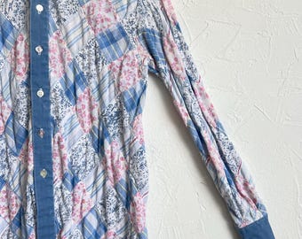 Vintage Patchwork Diamond Quilt Shirt: Pastel Pink Blue Floral Plaid Button Up