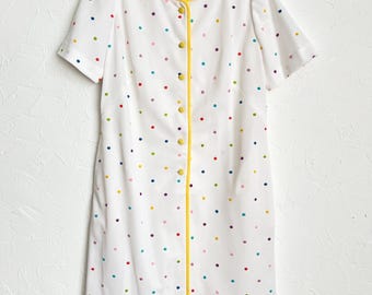 Vintage 50s 60s Herbert Levy White Rainbow Polkadot Button Up Dress