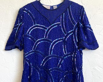 Vintage Laurence Kazar Royal Blue Sequin Beaded Silk Blouse Top – 80s Plus Size