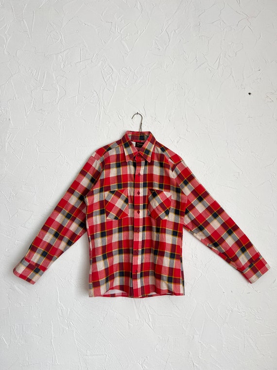 Vintage 70s Wrangler Red Soft Plaid Men’s Button … - image 1