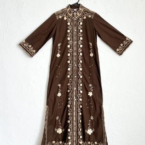 Vintage 70s Embroidered Brown Tunic Maxi Dress