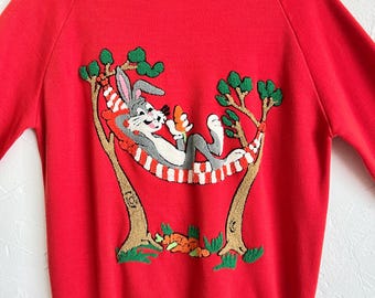 RARE Vintage “Sunday Comics” Bug Bunny Chenille Embroidery Orange Sweatshirt