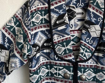 Vintage 90s Country Western Southwestern 100% Cotton Woven Tapestry Jacket Blazer Silver Buttons - Side Saddle - 1XL/XL