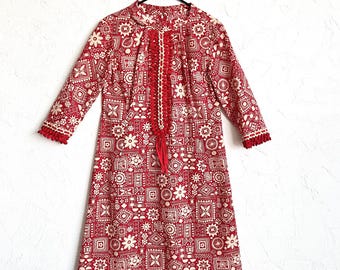 Vintage 60s Handmade Red Floral Dress - Retro Rick Rack Detail