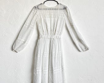 Vintage White Eyelet Lace Dress - Handmade Long Sleeve Sheer Dress