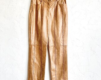 Vintage 80s 90s Tan Brown Stitched Detail Carlisle Leather Pants - Tall Size 14