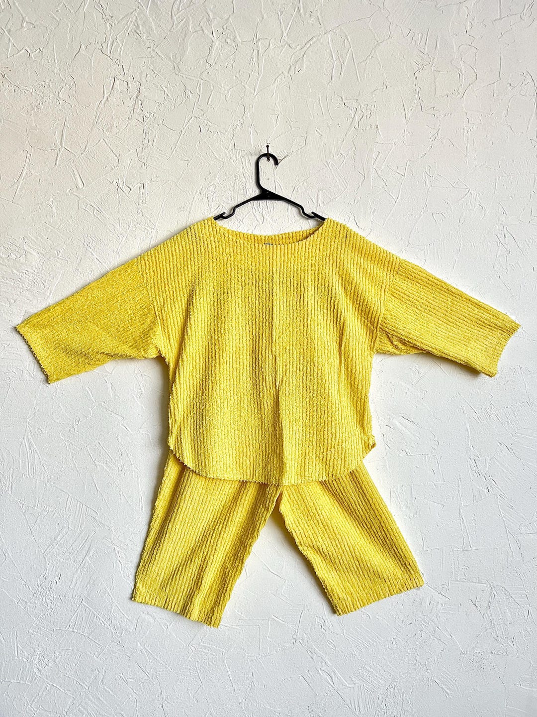 Vintage 60s 70s Chenille Yellow Comfy Two Piece Set - Pajamas