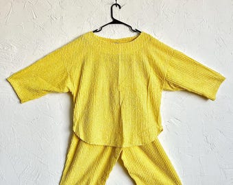 Vintage 60s 70s Chenille Yellow Comfy Two Piece Set - pajamas, loungewear, vacation