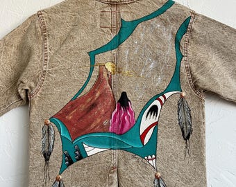 Vintage 90s Hand-Painted Denim Jacket – Southwestern Indigenous Design