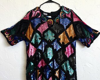 Vintage Patra Sequin Beaded Blouse – Multicolored Short Sleeve Top