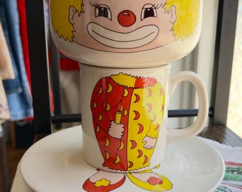 Vintage 70s Grés Clown Stackable Bowl Mug and Plate - Made in Korea - Red & Yellow