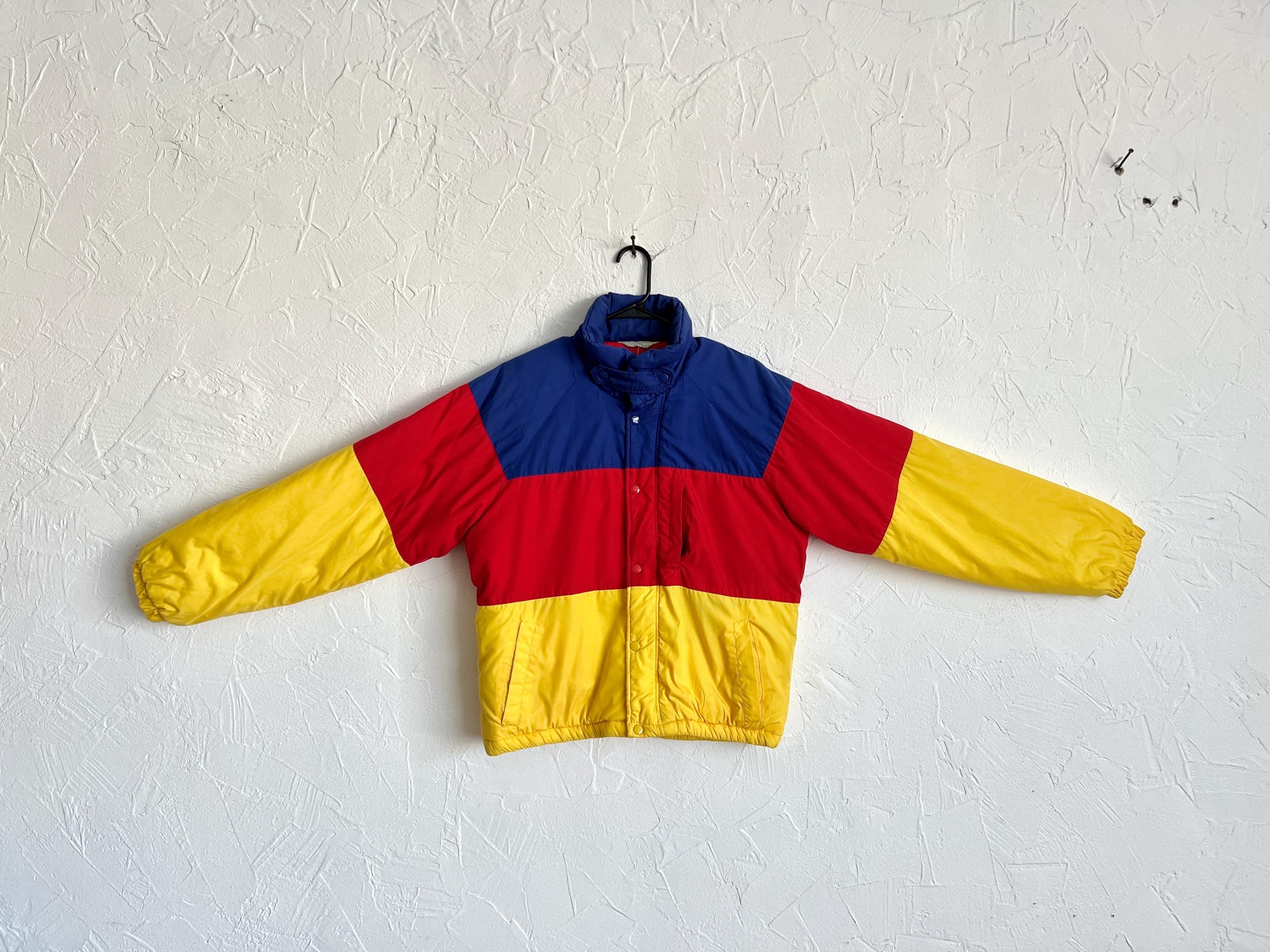 Vintage 80s Tri-color Primary Color Button up Puffer Jacket - Blue